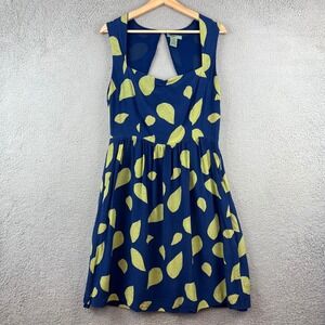 Maple Navy Blue Leaf Print Cutout Back A-Line 100% silk Dress Size 12